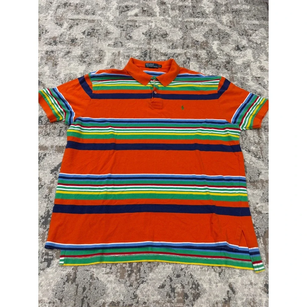 Polo Ralph Lauren Mens XXL Orange Multi Color Striped Short Sleeve Polo Shirt